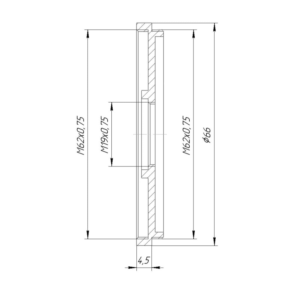 M62x0.75 male to M19x0.75 female thread adapter (62mm to 19mm step-down ring)