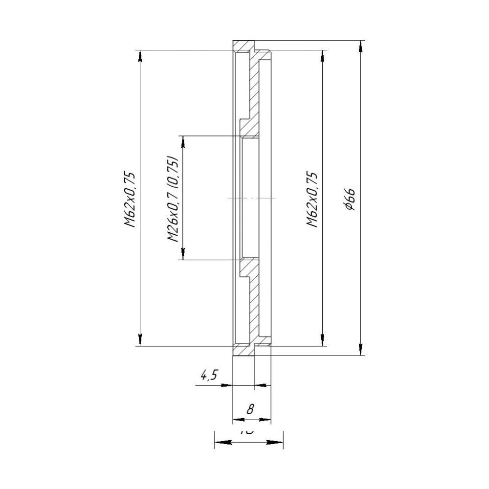 M62x0.75 male to M26x0.75 female thread adapter (62mm to 26mm step-down ring)