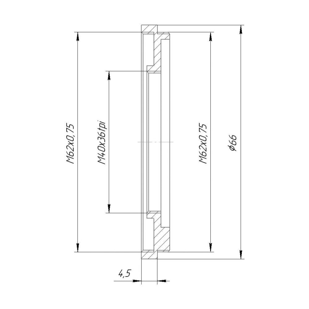 M62x0.75 male to M40x36tpi female thread adapter (62mm to 40mm step-down ring)