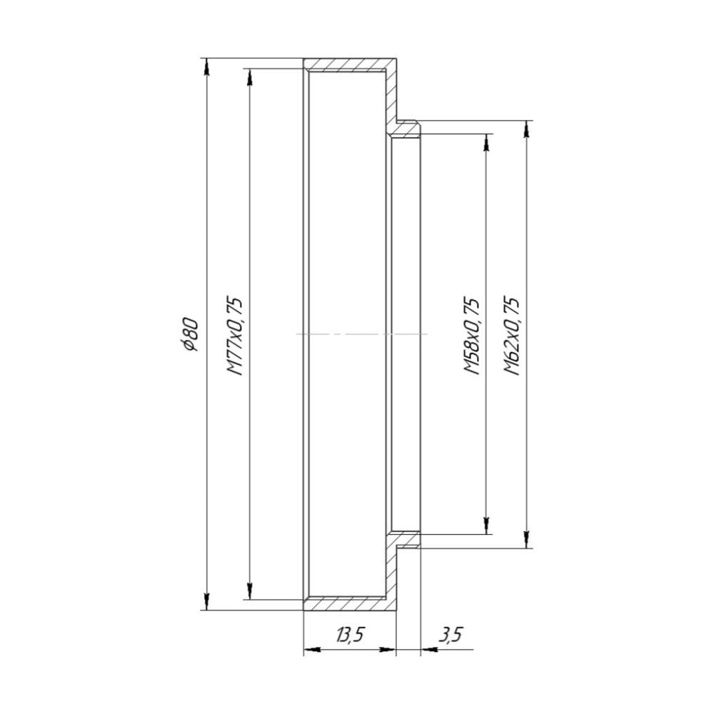 M62x0.75 male to M77x0.75 female thread adapter with 80mm outer diameter