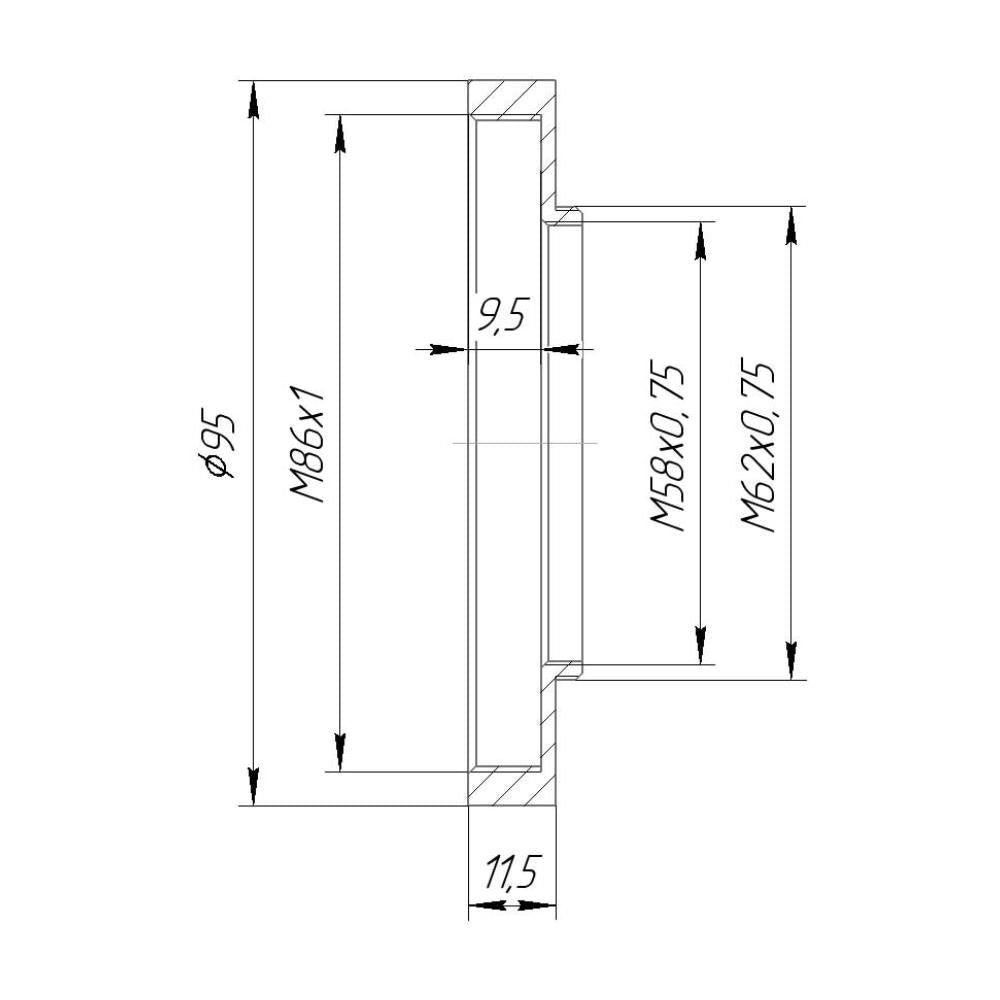M62x0.75 male to M86x1 female thread adapter with 95mm outer diameter
