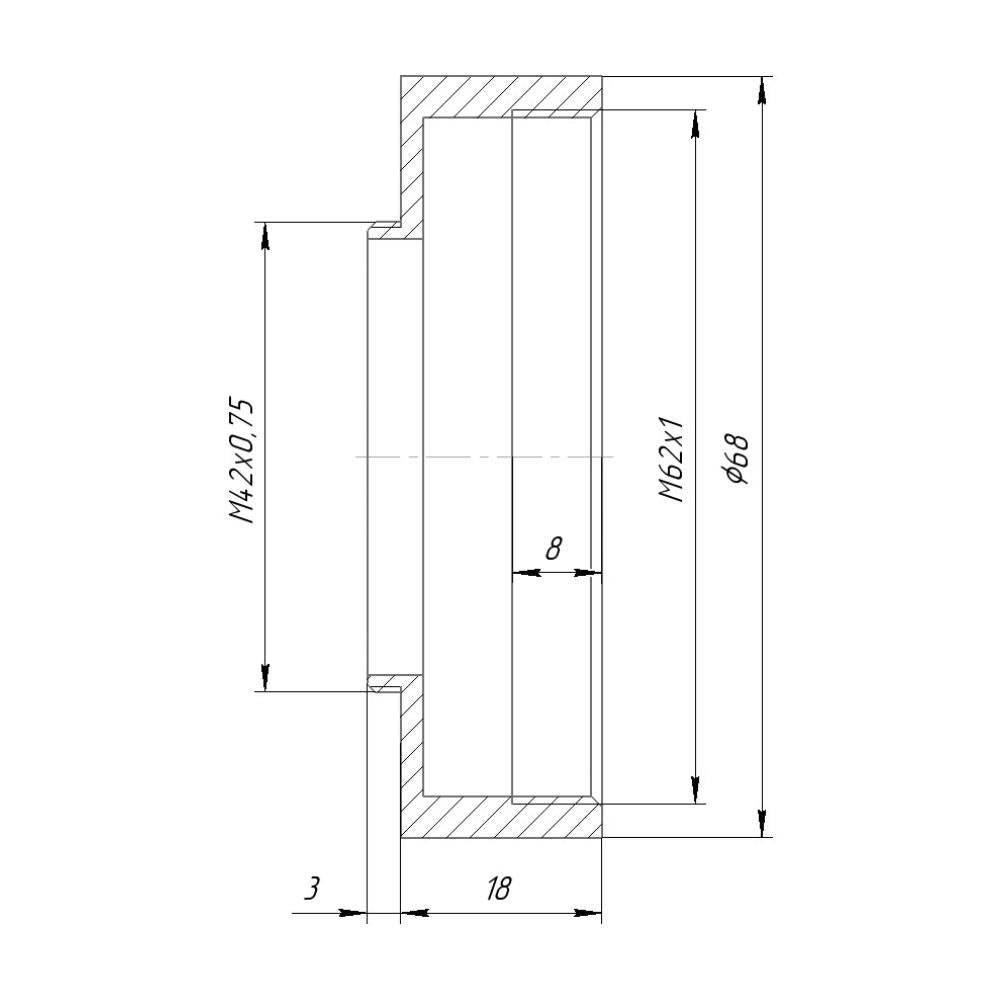 M62x1 female to M42x0.75 (T2) male thread adapter, 18mm long