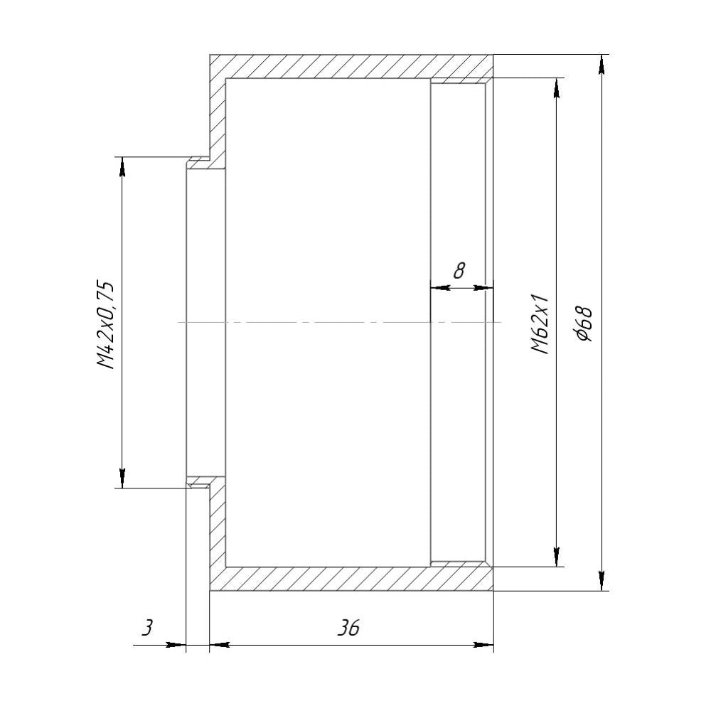 M62x1 female to M42x0.75 (T2) male thread adapter, 36mm long