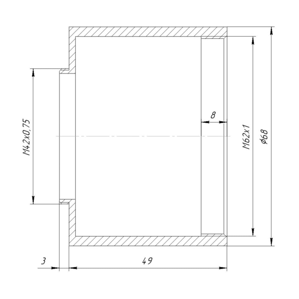 M62x1 female to M42x0.75 (T2) male thread adapter, 49mm long