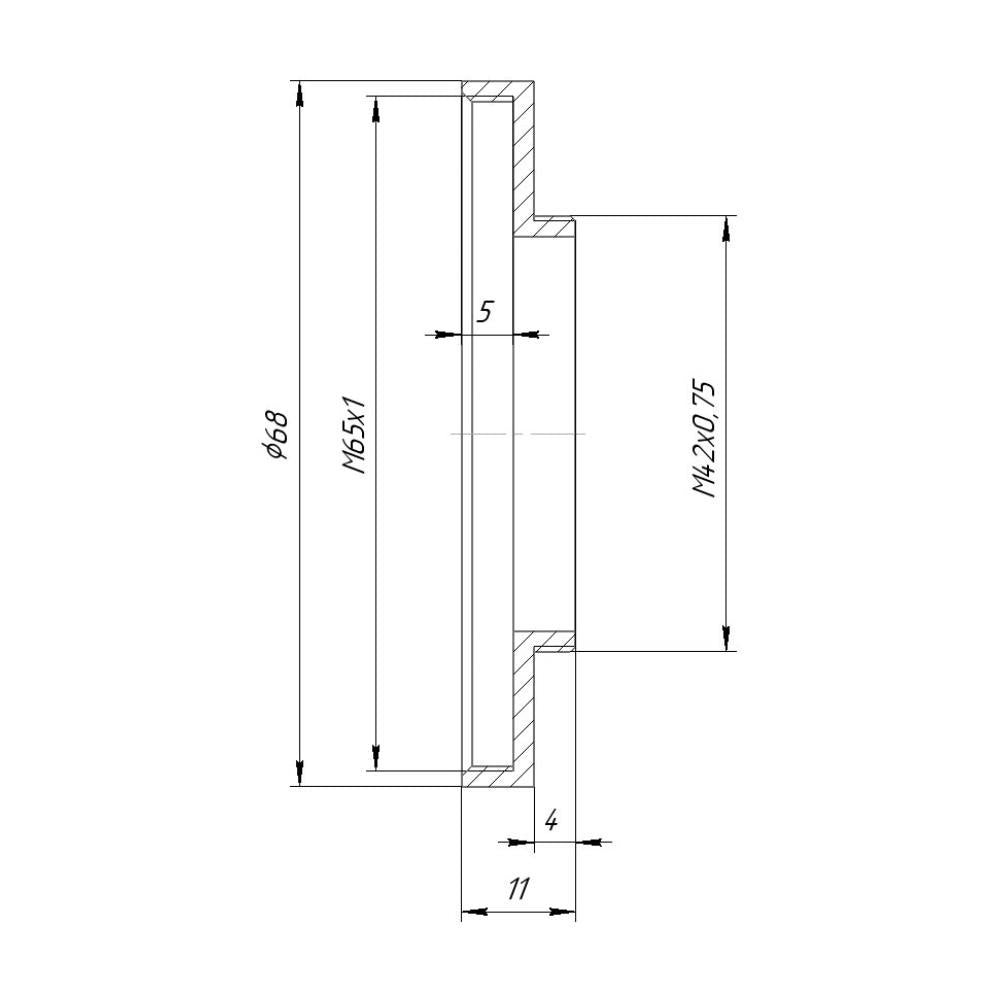 M65x1 female to M42x0.75 (T2) male thread adapter