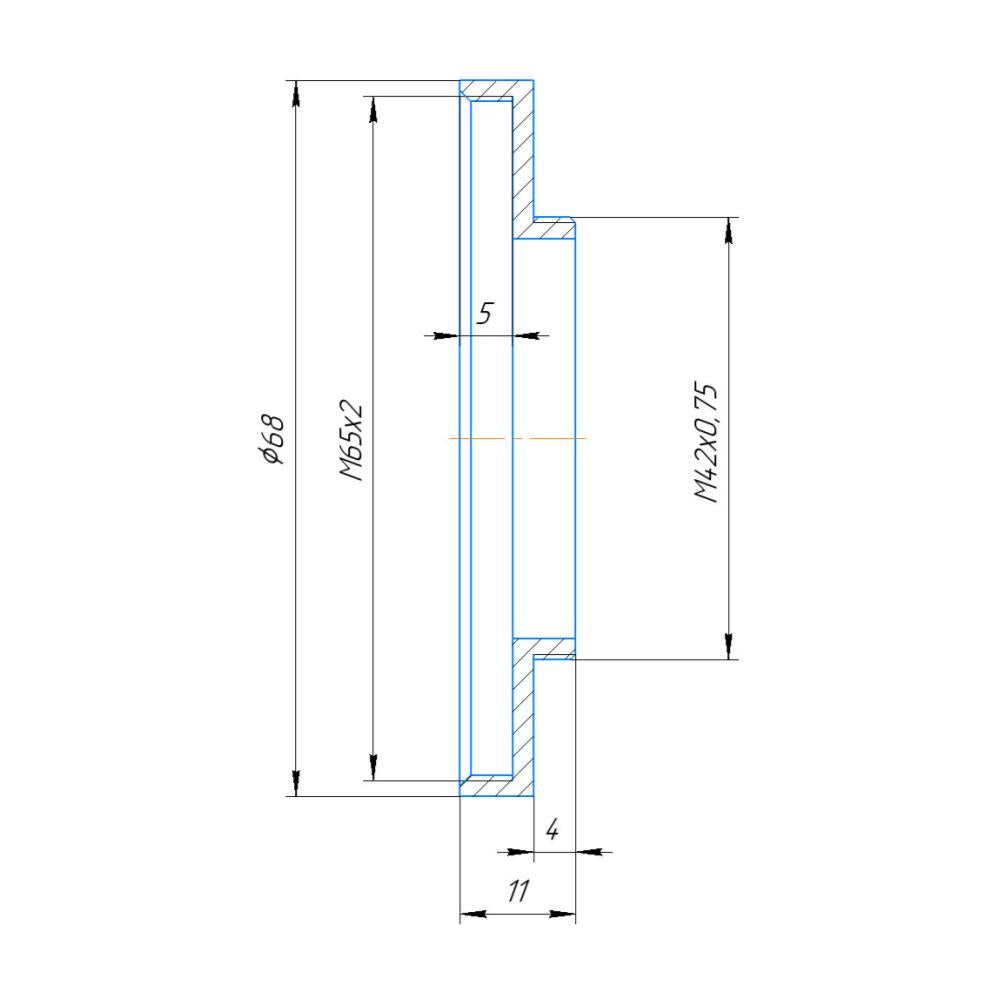 M65x2 female to M42x0.75 (T2) male thread adapter