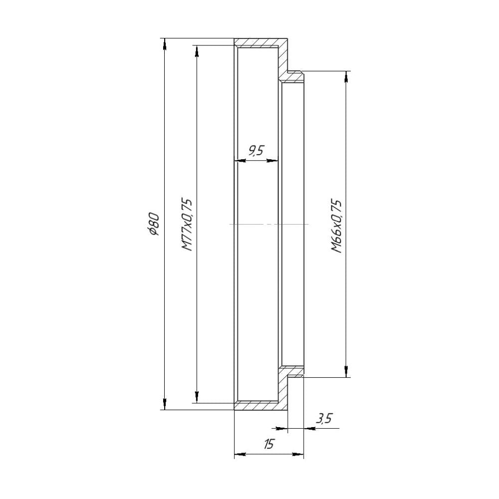 M66x0.75 male to M77x0.75 female thread adapter with 80mm outer diameter