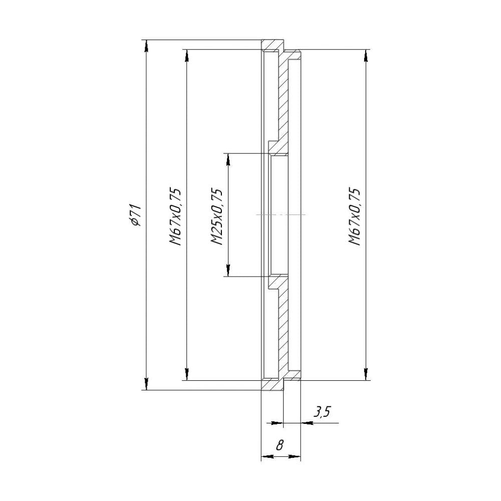 M67x0.75 male to M25x0.75 female thread adapter (67mm to 25mm step-down ring)