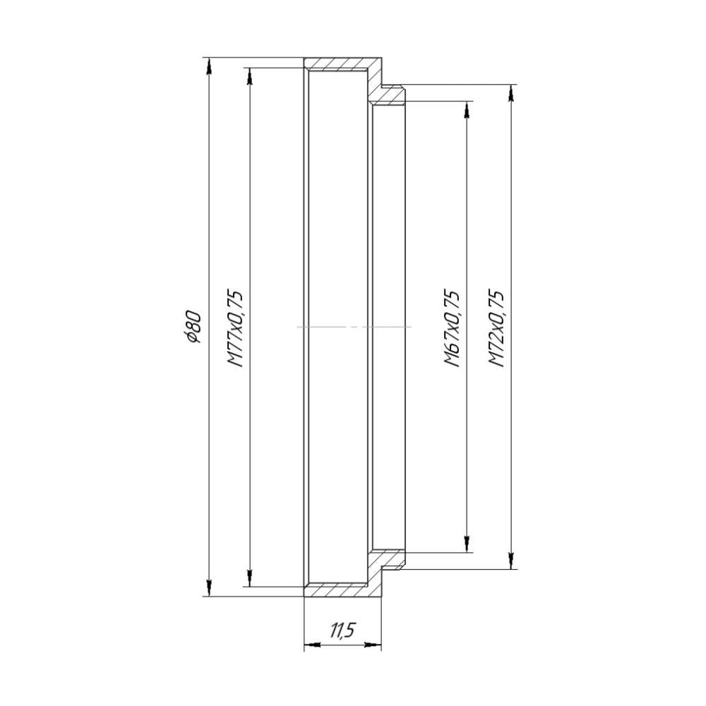 M72x0.75 male to M77x0.75 female thread adapter with 80mm outer diameter
