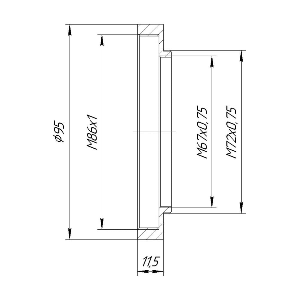 M72x0.75 male to M86x1 female thread adapter with 95mm outer diameter