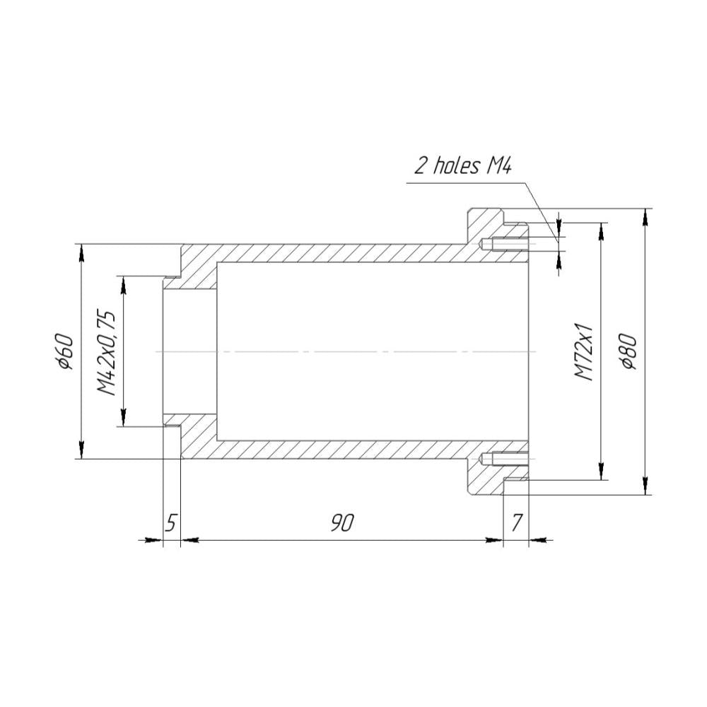 M72x1 male to M42x0.75 (T2) male thread adapter, 90mm