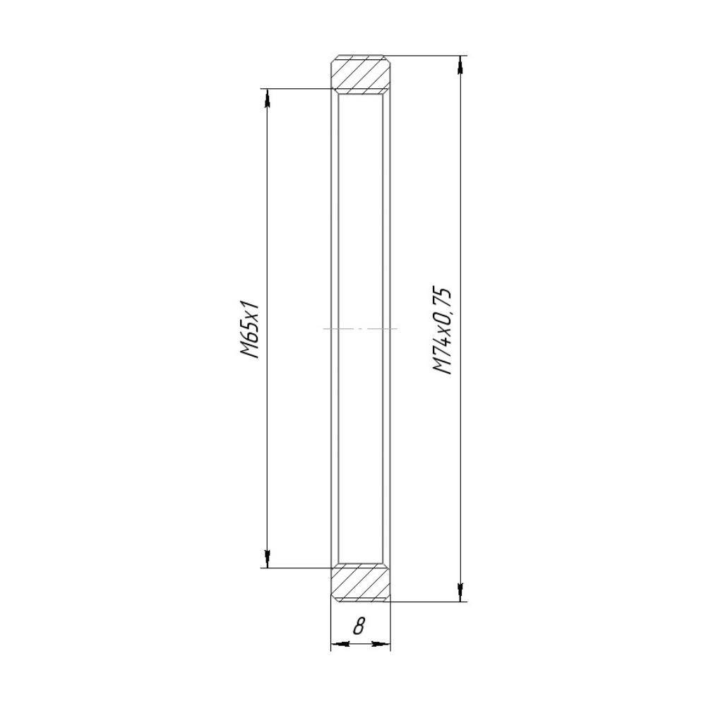 M74x0.75 male to M65x1 female thread adapter, flangeless