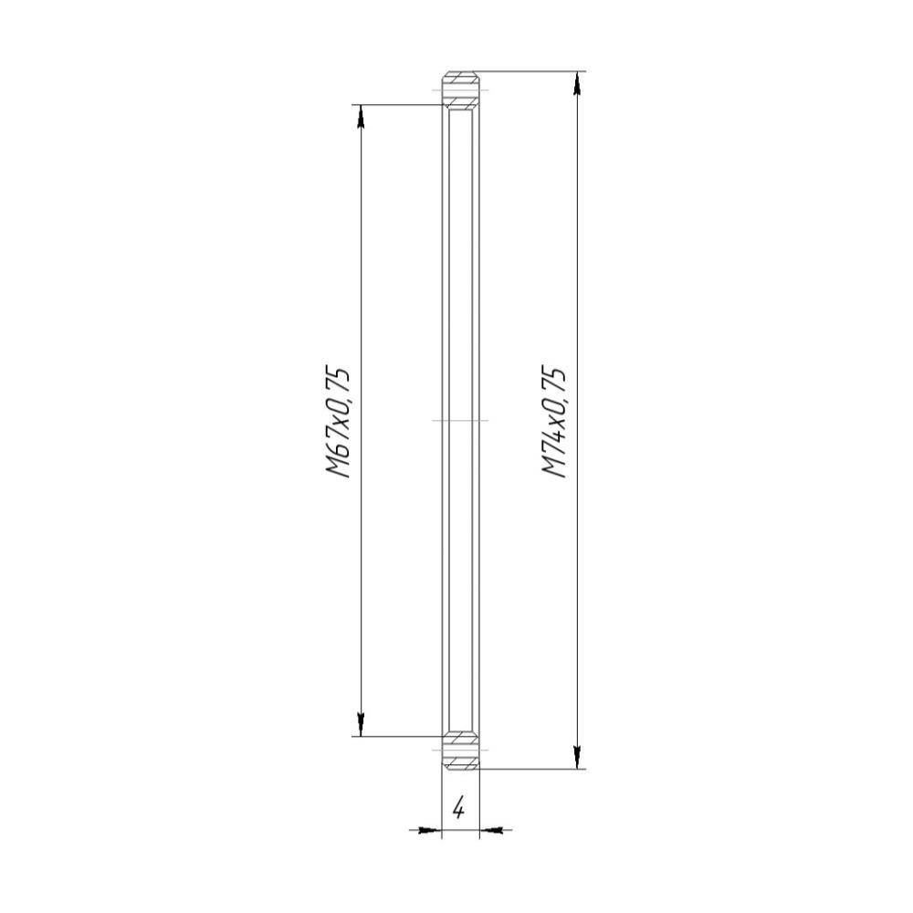 M74x0.75 male to M67x0.75 female thread adapter, flangeless