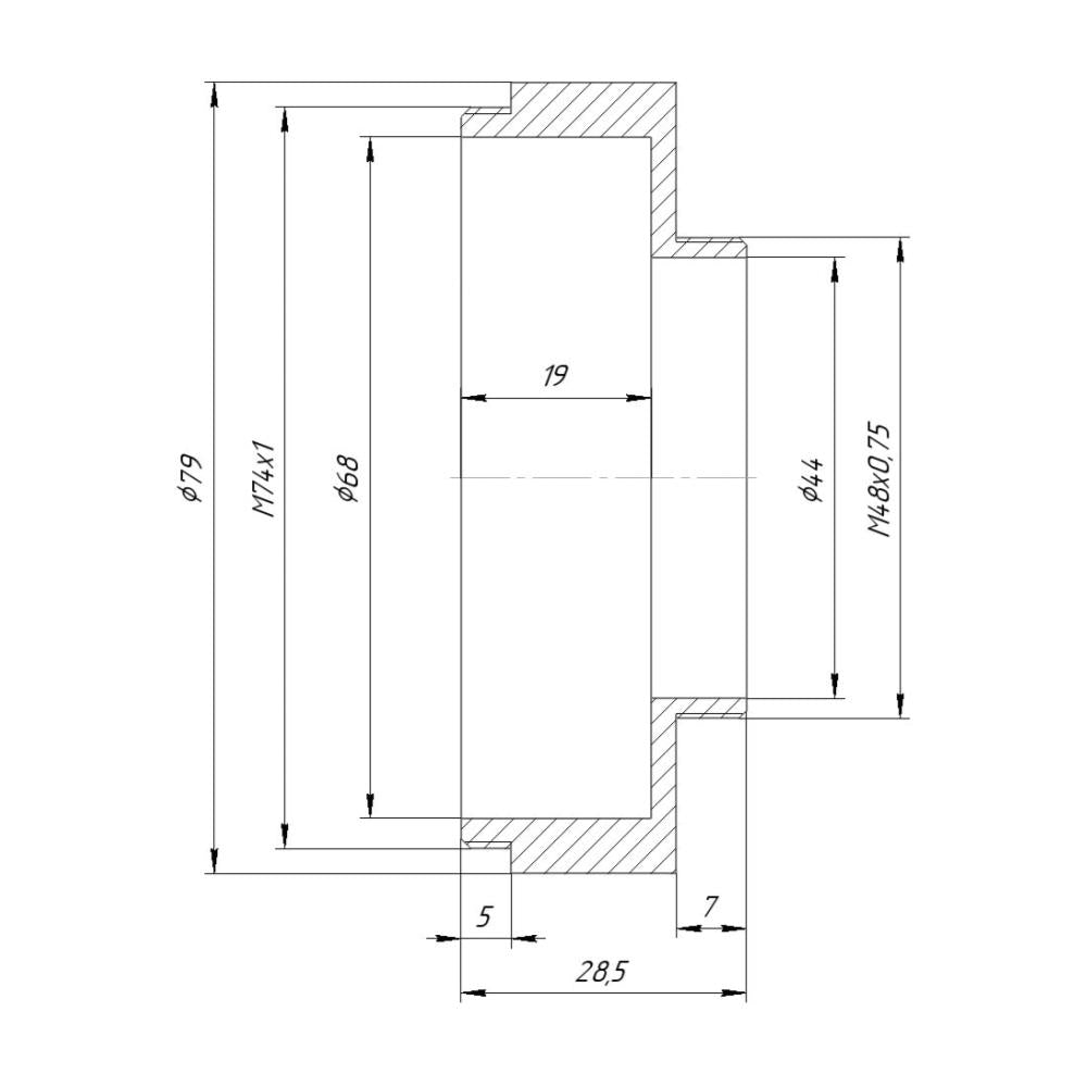 M74x1 male to M48x0.75 male thread adapter