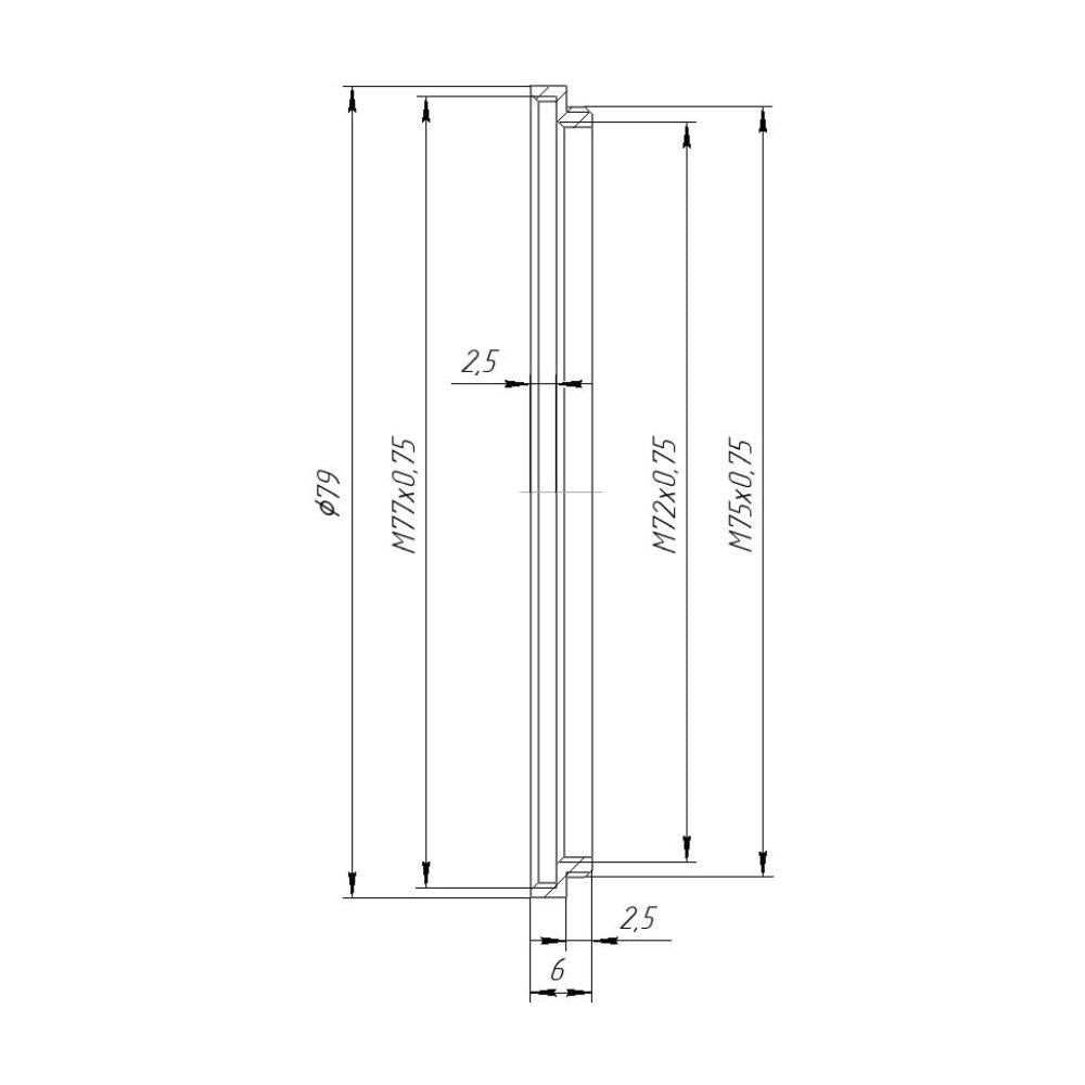 M75x0.75 male to M77x0.75 female thread adapter, 2.5mm thread