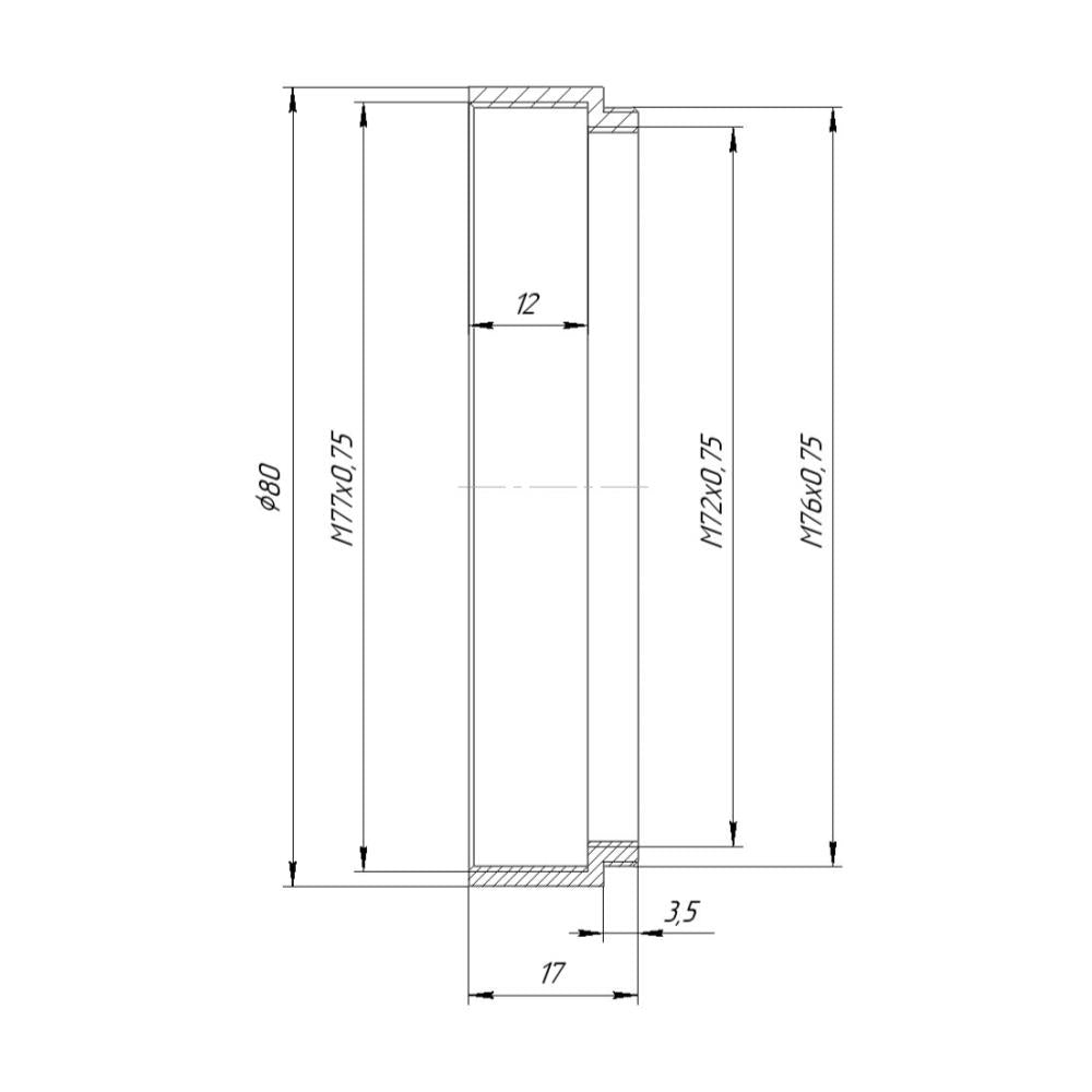 M76x0.75 male to M77x0.75 female thread adapter with 80mm outer diameter
