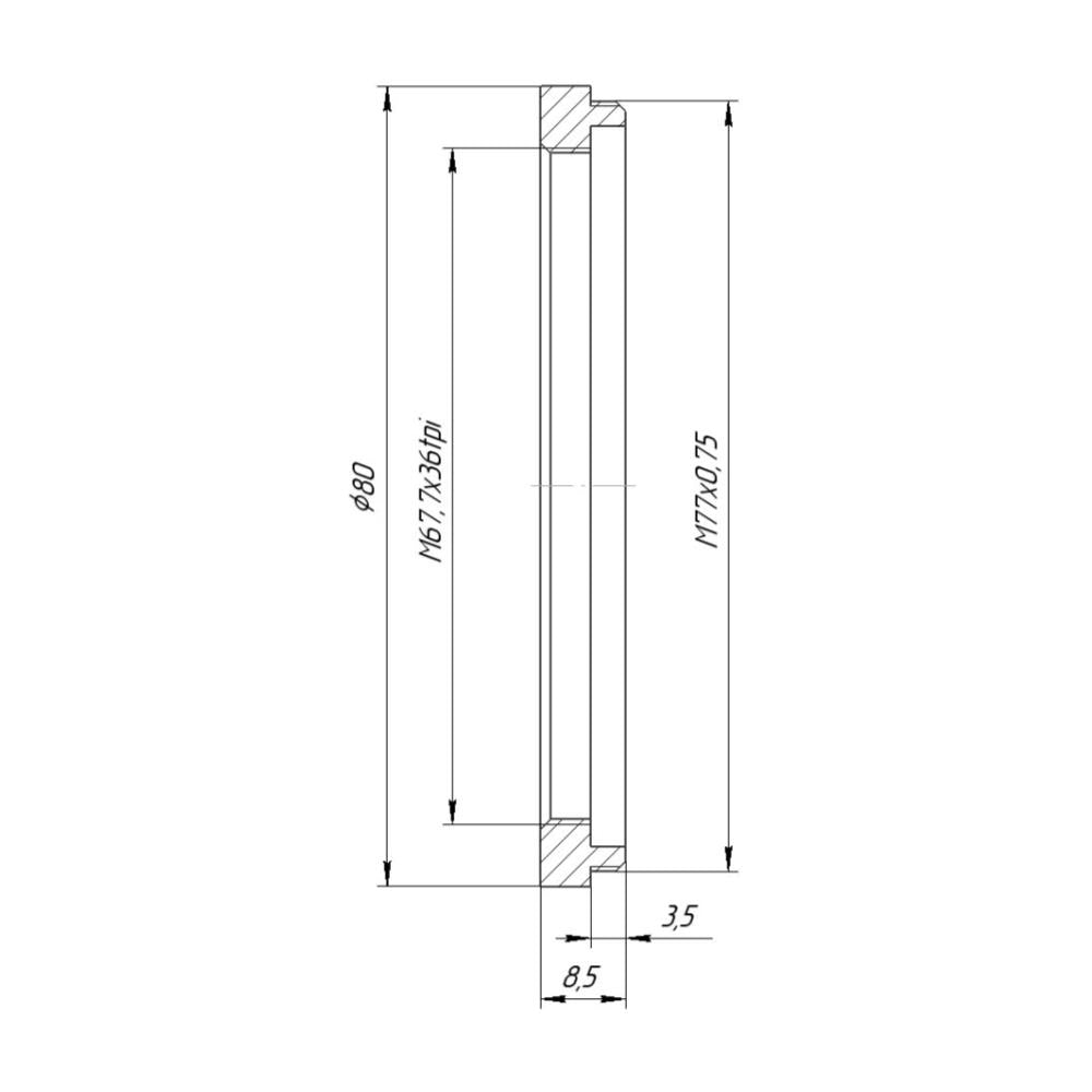 M77x0.75 male to M67.7x0.7 female thread adapter (77mm to 67.7mm step-down ring)