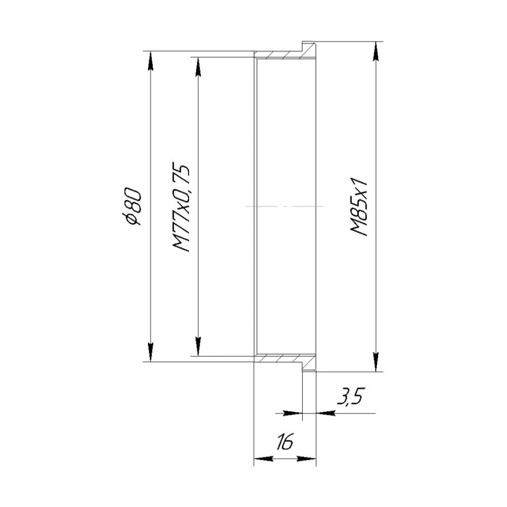 M85x1 male to M77x0.75 female thread adapter with 80mm outer diameter