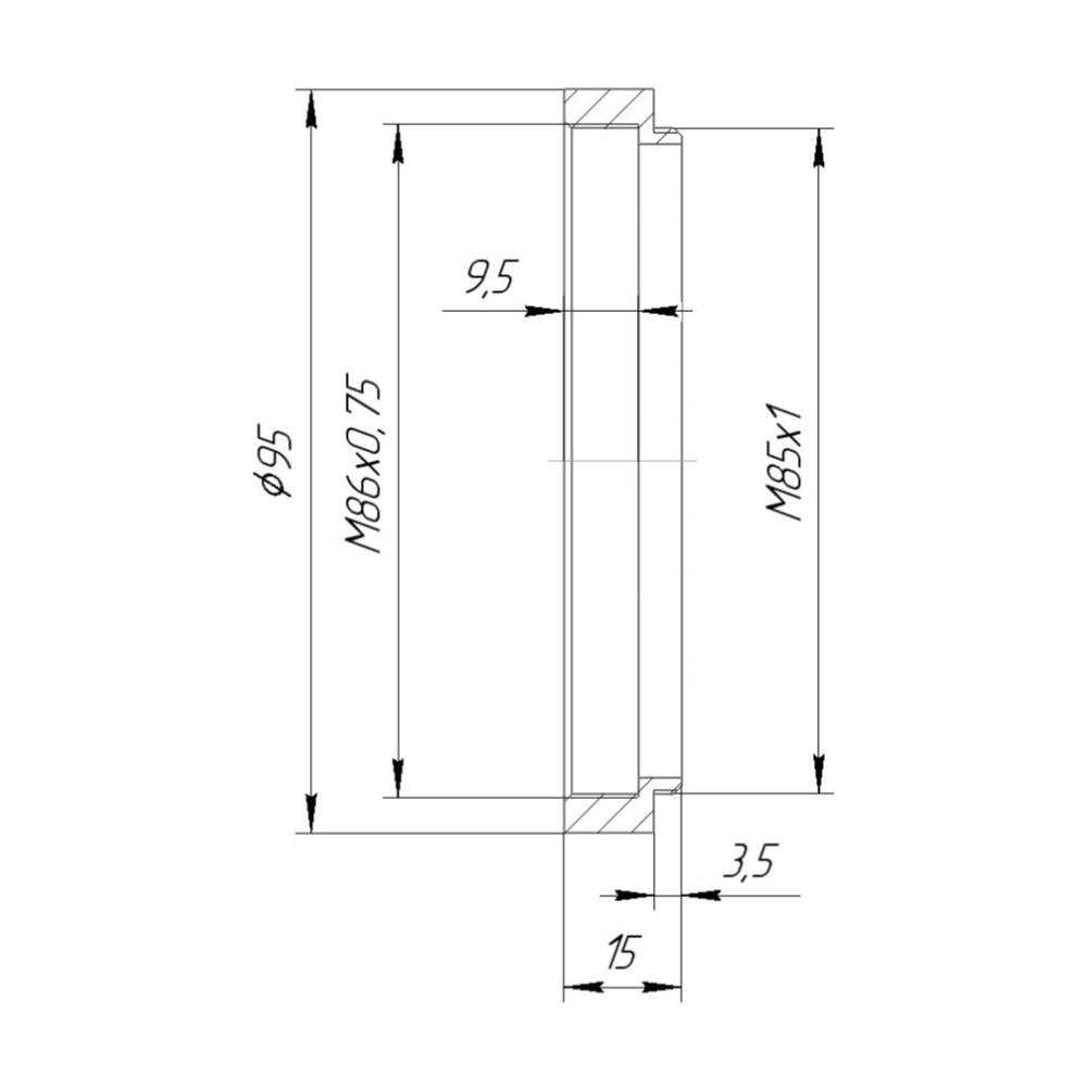 M85x1 male to M86x0.75 female thread adapter with 95mm outer diameter