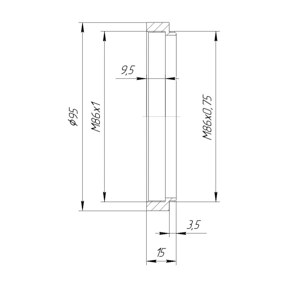 M86x0.75 male to M86x1 female thread adapter with 95mm outer diameter
