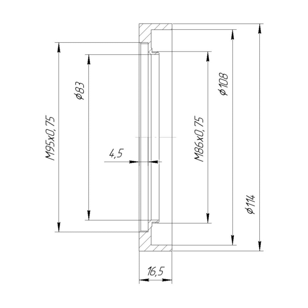 M86x0.75 male to M95x0.75 female thread adapter with 114mm outer diameter