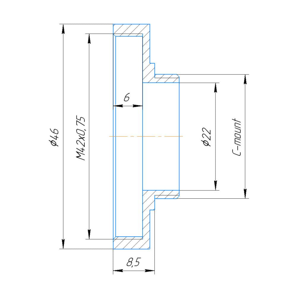 T2 female thread to C-mount camera adapter, 8.5mm