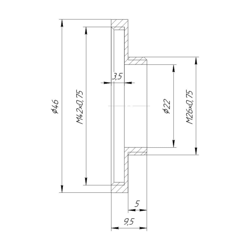 T2 female to M26x0.75 male thread adapter for binoviewers, short