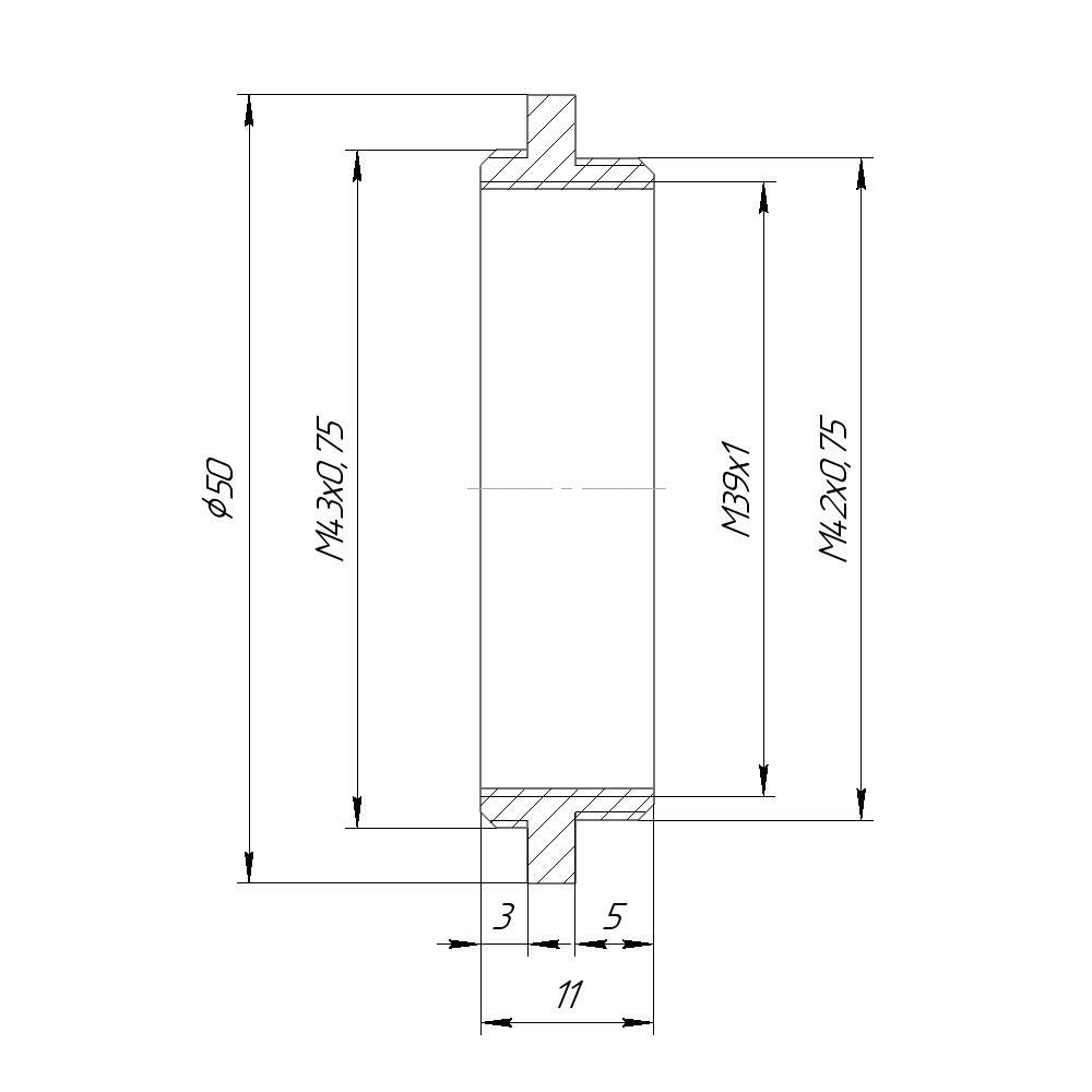 M42x0.75 (T2) male to M43x0.75 male thread adapter