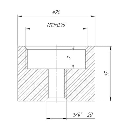 1/4"-20tpi female to M19x0.75 female thread adapter