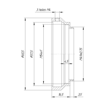 57.5mm clamp to M49x0.75 male thread adapter for Kowa 2x Anamorphic