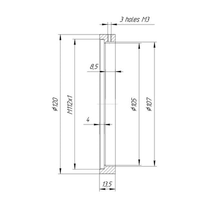 107mm clamp to M112x1 female thread adapter with 120mm outer diameter