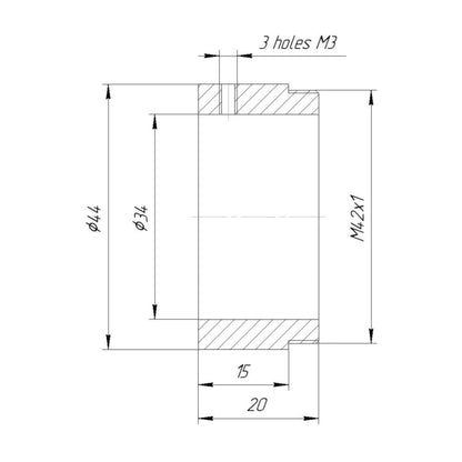 34mm clamp to M42x1 male thread adapter, 15mm long