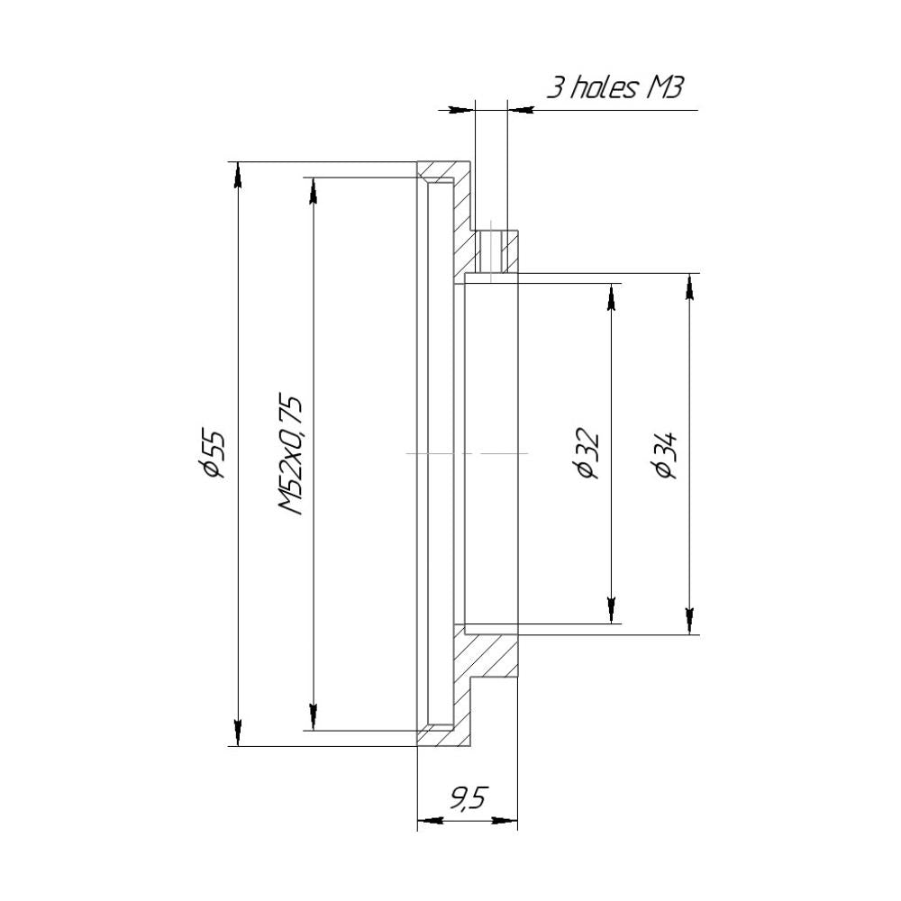 34mm clamp to M52x0.75 female thread adapter
