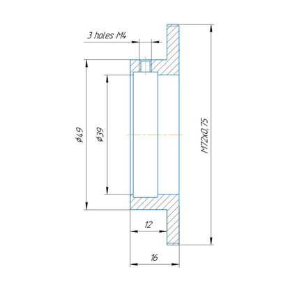 39mm clamp to M72x0.75 male thread adapter (for Kowa 16-A lenses)