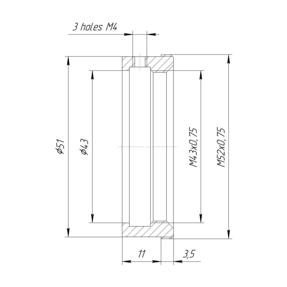 43mm clamp to M52x0.75 male thread adapter (for Kowa 16-D lenses)