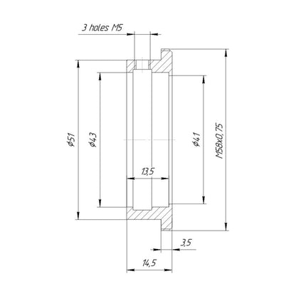 43mm clamp to M58x0.75 male thread adapter (for Kowa 16-D lenses)