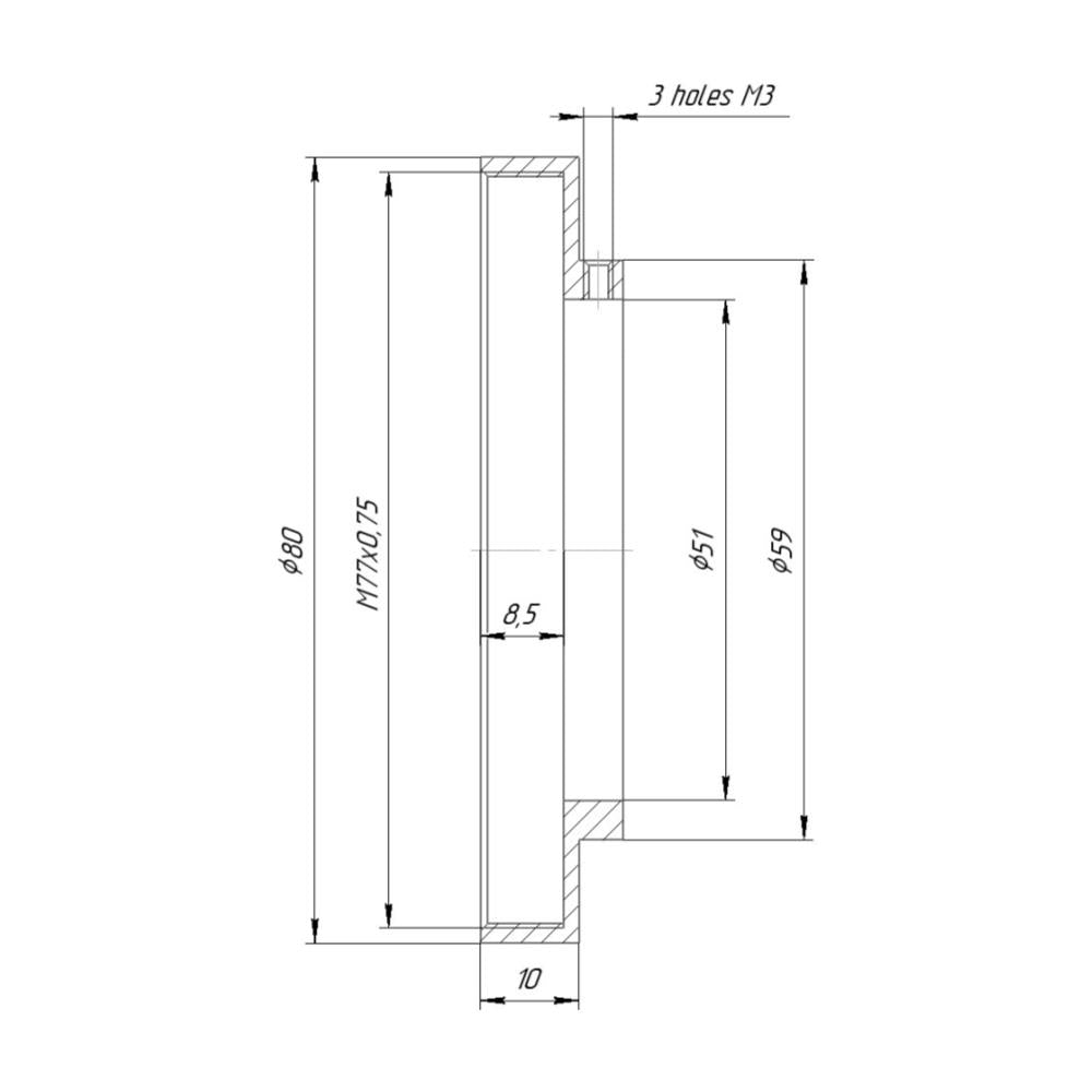 51mm clamp to M77x0.75 female thread adapter with 80mm outer diameter