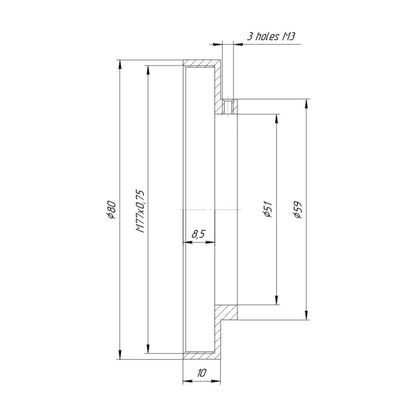 51mm clamp to M77x0.75 female thread adapter with 80mm outer diameter