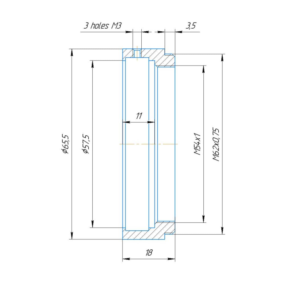 57.5mm clamp to M62x0.75 male thread adapter for Kowa 2x Anamorphic