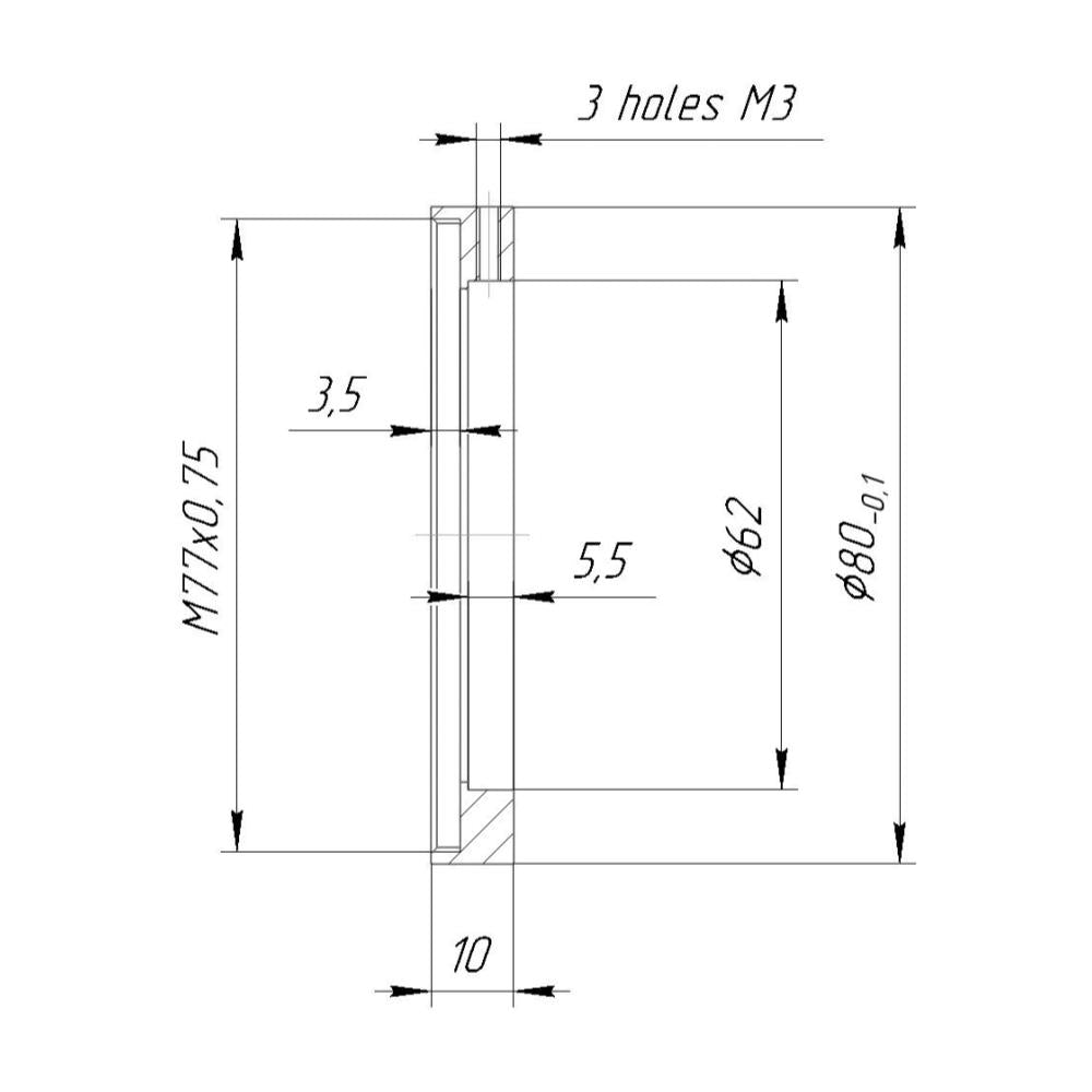 62mm clamp to M77x0.75 female thread adapter with 80mm outer diameter