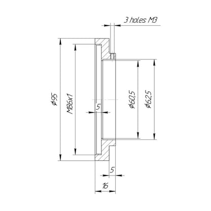 62.5mm clamp to M86x1 female thread adapter with 95mm outer diameter