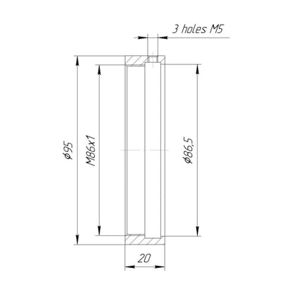 86.5mm clamp to M86x1 female thread adapter with 95mm outer diameter