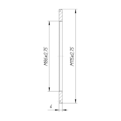 M115x0.75 male to M86x0.75 female thread adapter (115mm to 86mm step-down ring)