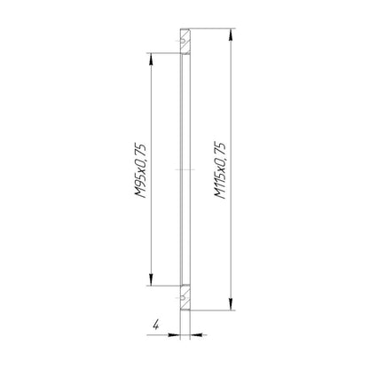M115x0.75 male to M95x0.75 female thread adapter (115mm to 95mm step-down ring)