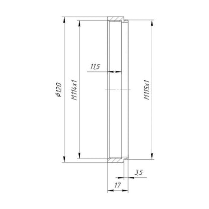 M115x1 male to M114x1 female thread adapter (115mm to 114mm step-down ring)