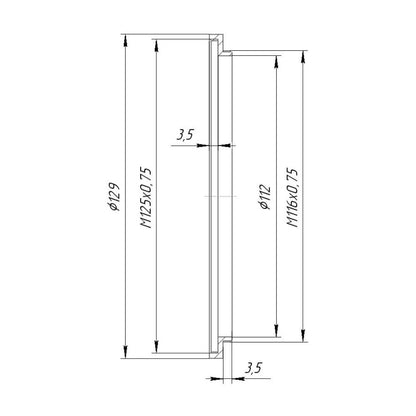 M116x0.75 male to M125x0.75 female thread adapter (116mm to 125mm step-up ring)