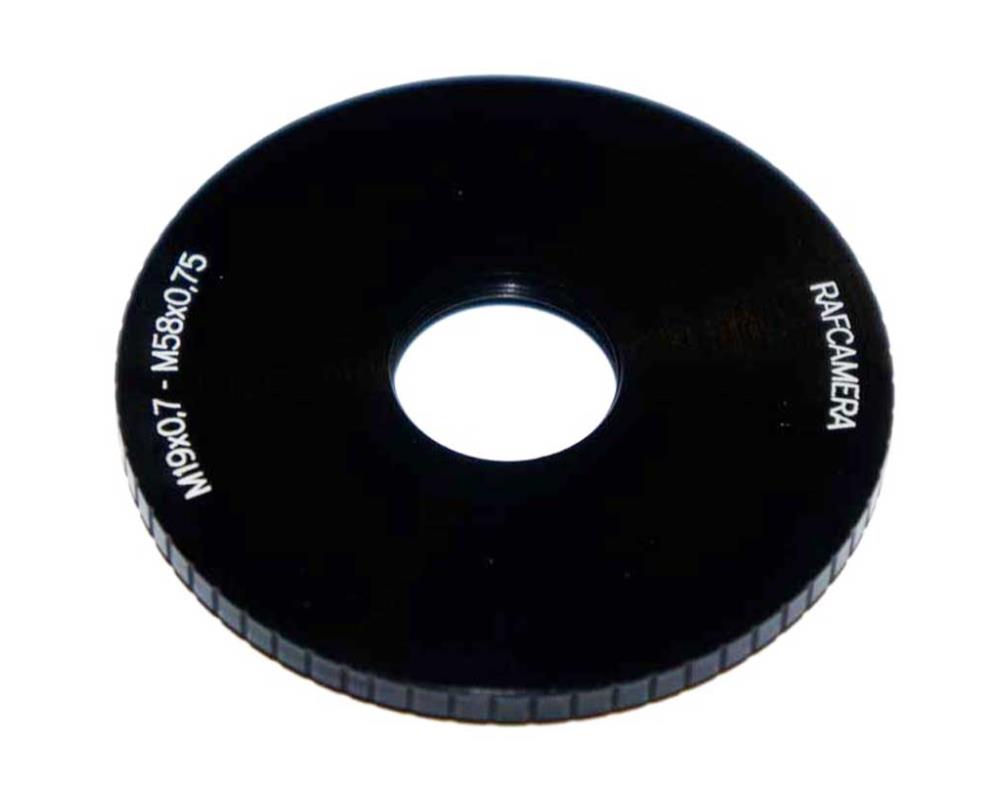 M58x0.75 male to M19x0.75 female thread adapter (58mm to 19mm step-down ring)