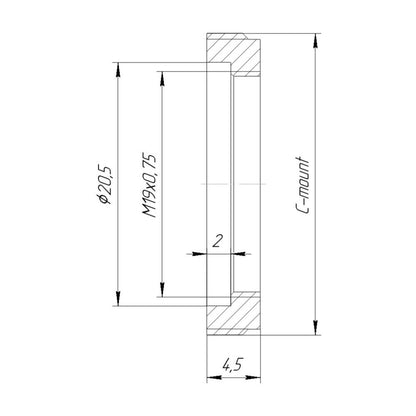 M19x0.75 female to C-mount male thread adapter, flangeless, bronze