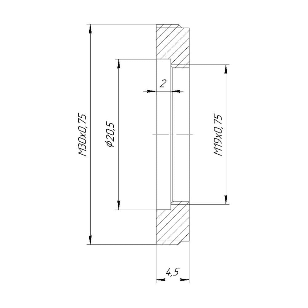 M30x0.75 male to M19x0.75 female thread adapter, flangeless, black