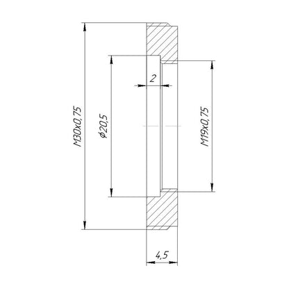 M30x0.75 male to M19x0.75 female thread adapter, flangeless, black